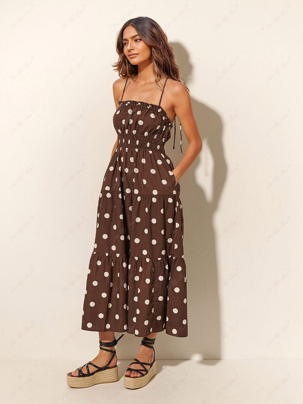 Chocolate And Ivory Polka Dot Print Pleated Elastic Strap Dress - Fashionpara