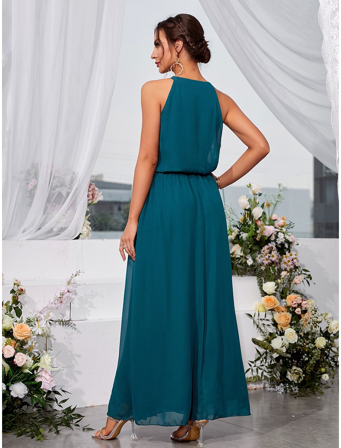 A-Line Wedding Guest Dresses Elegant Dress Holiday Ankle Length Sleeveless Halter Lace with Strappy