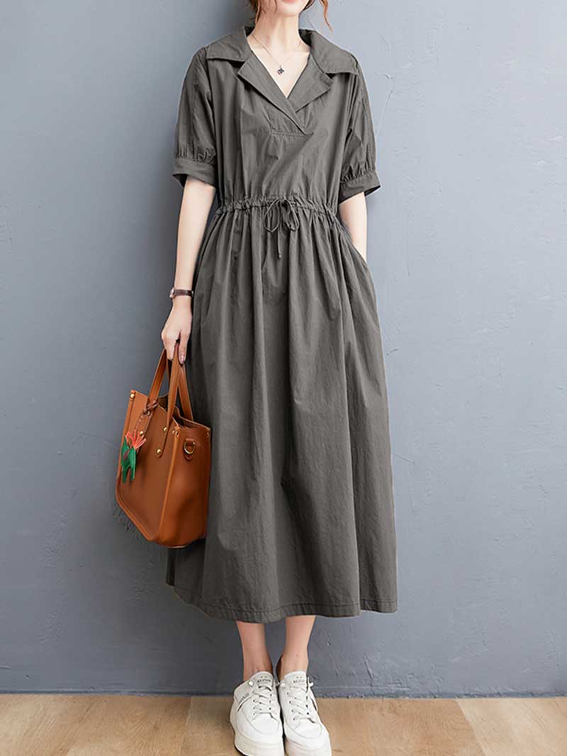 Plain Cotton Short Sleeve A-Line Dress - Fashionpara