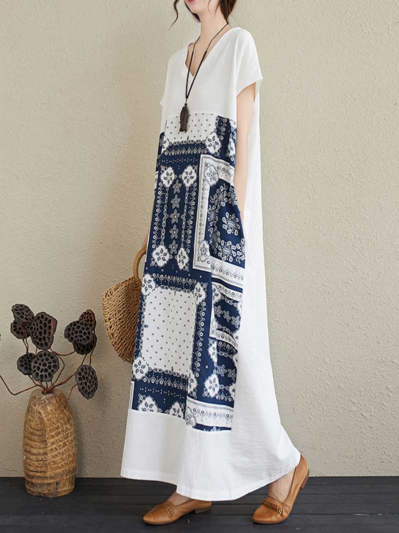 Printed White Short Sleeves Kaftan Dress - Fashionpara