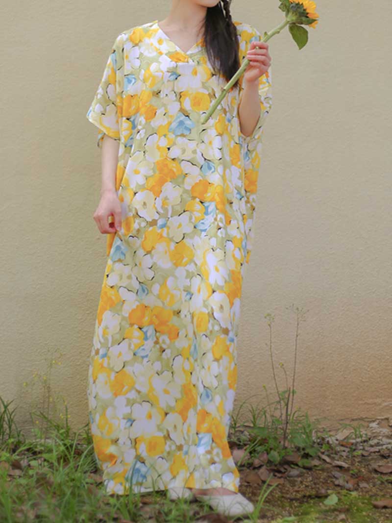 Cotton Yellow Floral Print Kaftan Dress - Fashionpara