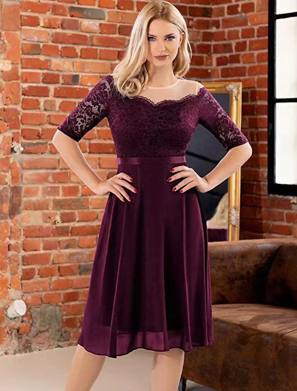 A-Line Cocktail Dresses Minimalist Dress Party Wear Knee Length Half Sleeve Jewel Neck Lace with Pleats