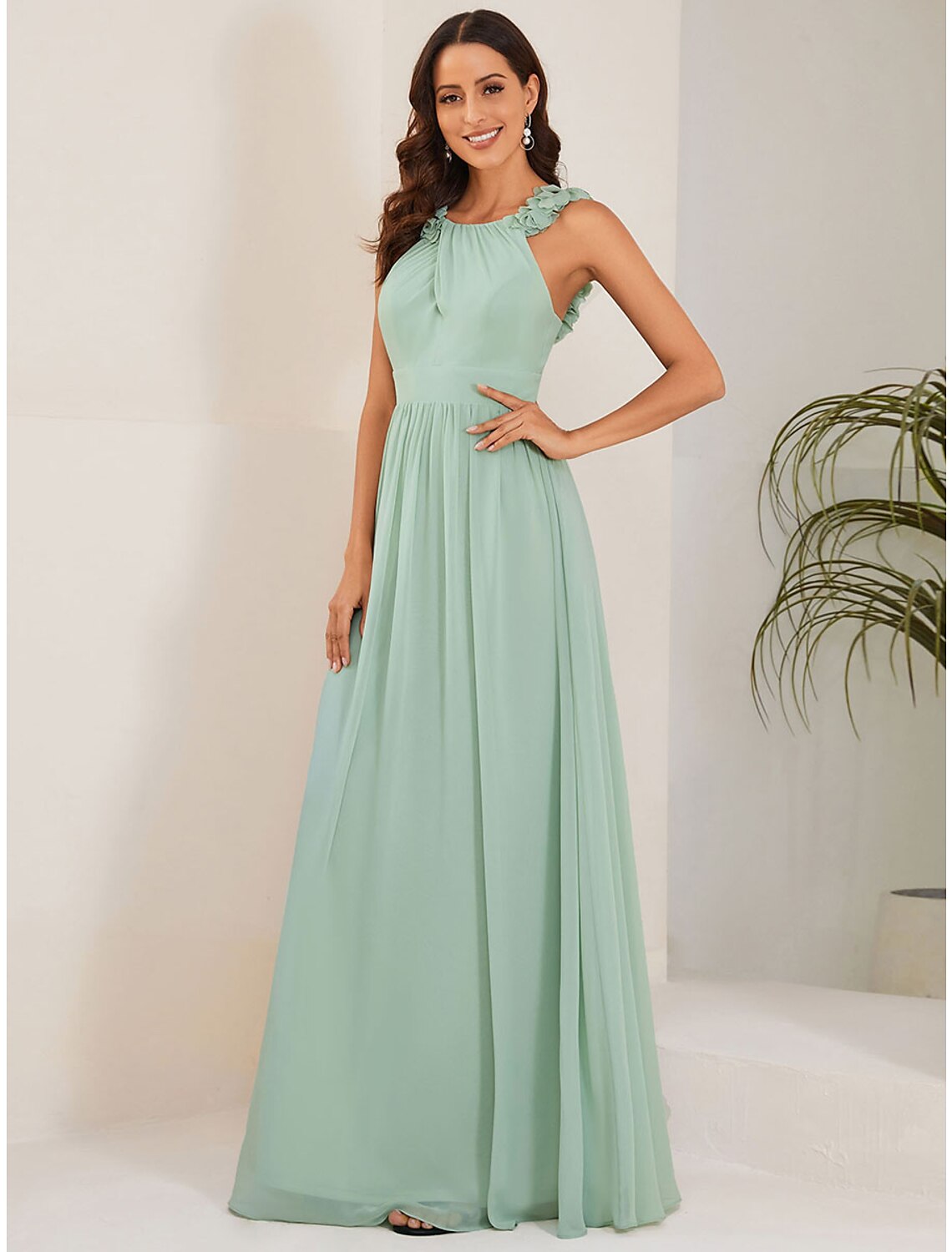 A-Line Wedding Guest Dresses Elegant Dress Formal Floor Length Sleeveless Jewel Neck Chiffon with Pleats Shouder Flower