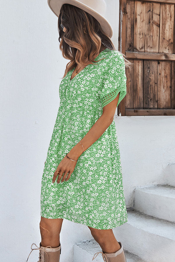 Floral Print V Neck Ruffled Casual Dress