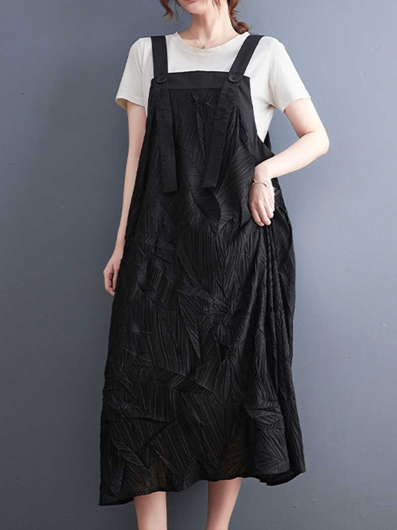 Pleated Cotton Black Color  Salopette Dress - Fashionpara