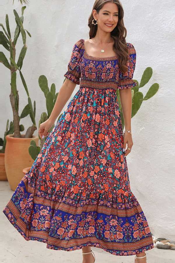 Bohemia Printed Smocked Short Sleeve Maxi Dress