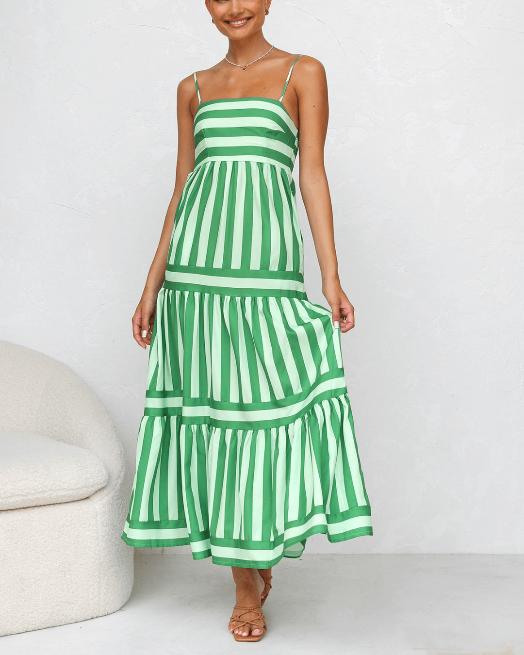 Multi Green Striped Maxi Dress - Fashionpara