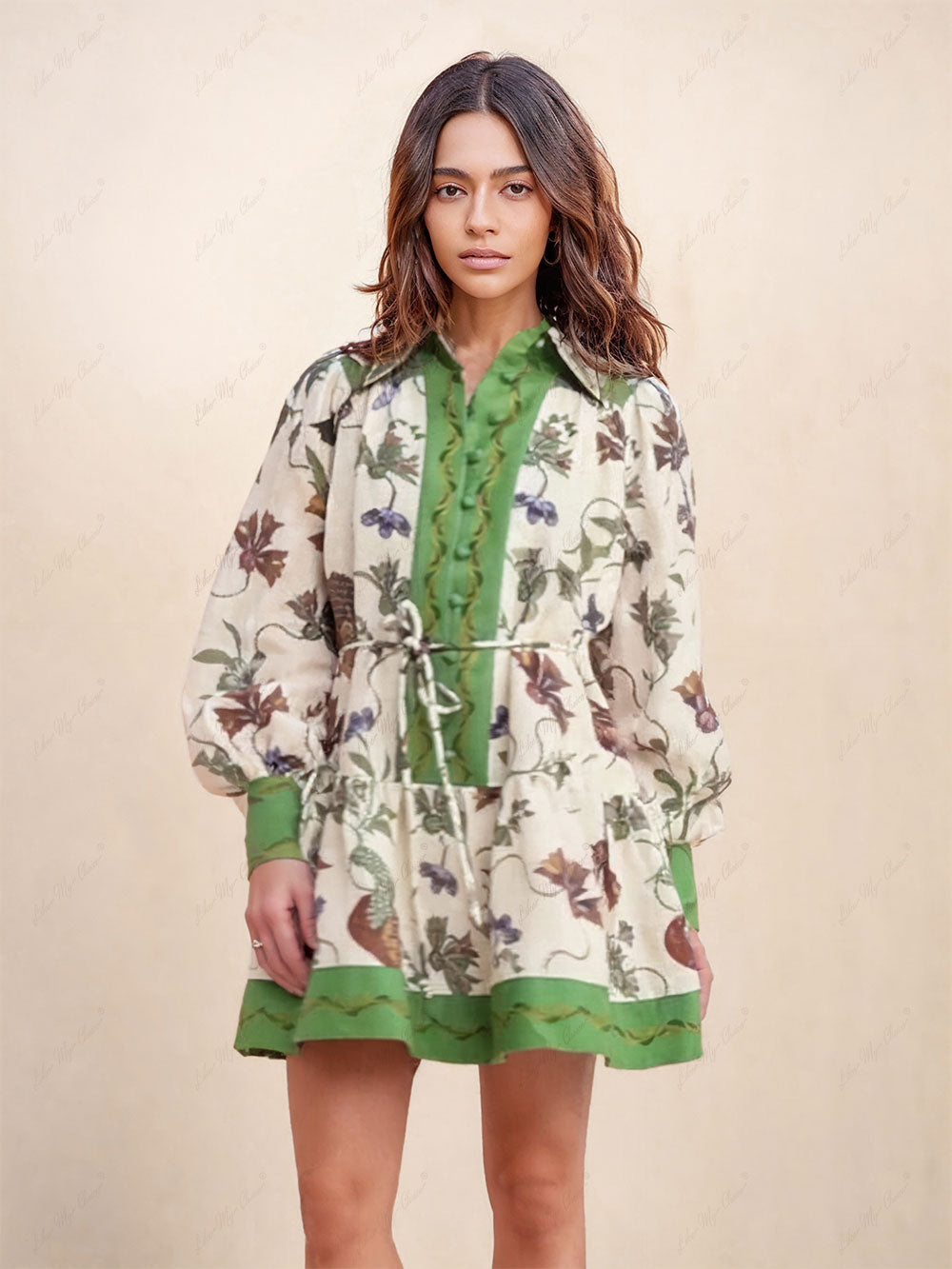 Unique Print Color Match Balloon Sleeve Shirt Mini Dress - Fashionpara