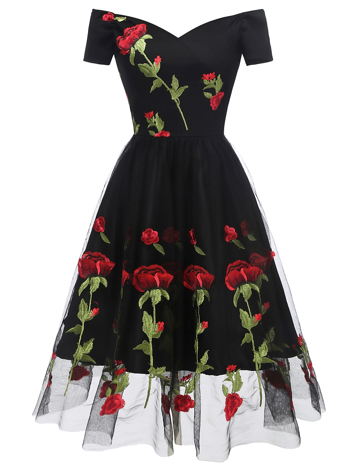 A-Line Cocktail Dresses Party Dress Holiday Knee Length Short Sleeve Off Shoulder Organza with Embroidery Appliques