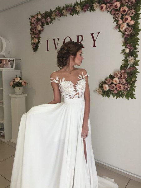 A-Line Chiffon Bridal Gown With Lace Ruffles Side Slit and Appliques