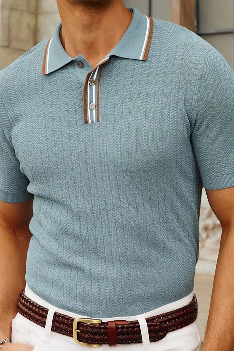 Summer Men's Business Figure 8 Textured Polo Collar Short Sleeve Sweater