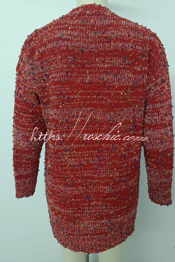 Aminga Colorful Spotted Pocket Crochet Long Sleeved Cardigan