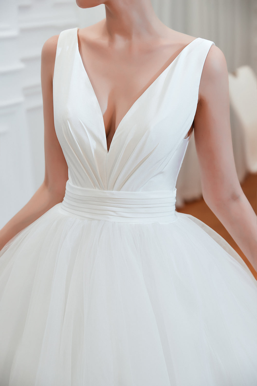 Wide Strap Deep V-Neck Floor-Length A-Line Bridal Gown with Tulle