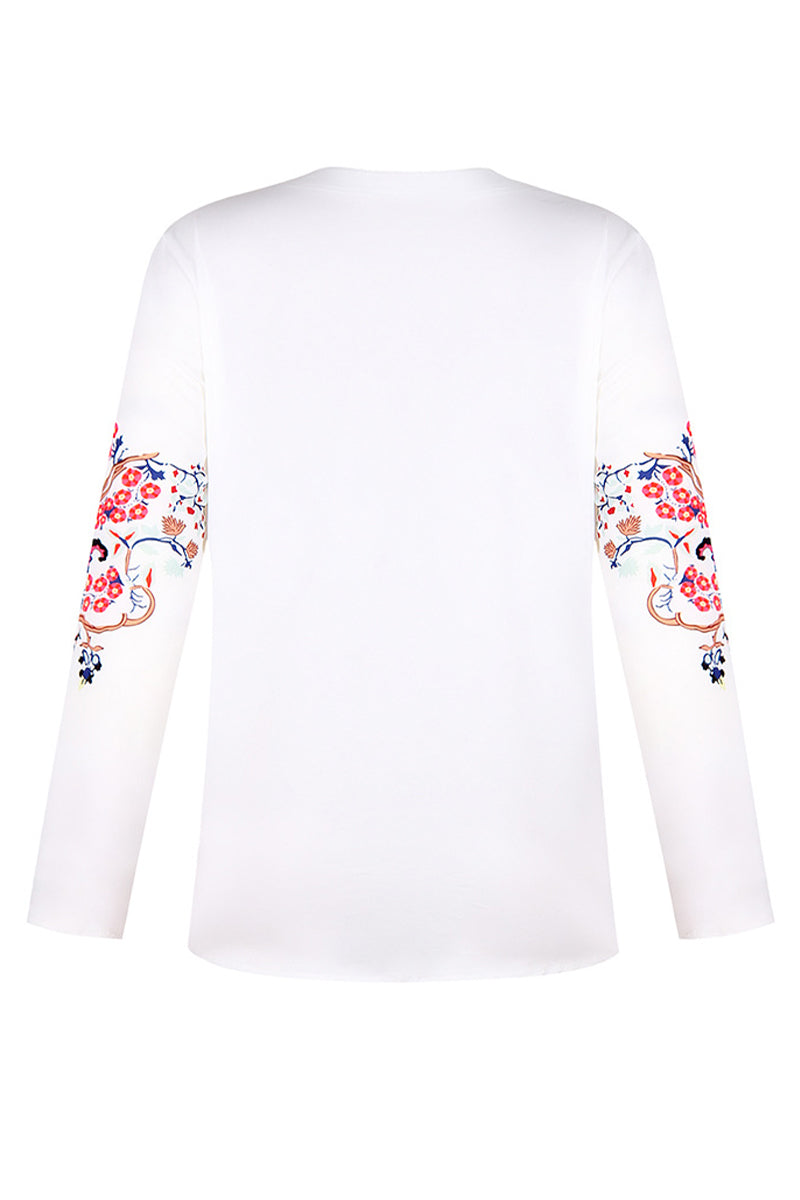 Stand Collar Embroidered Print Long Sleeve Top