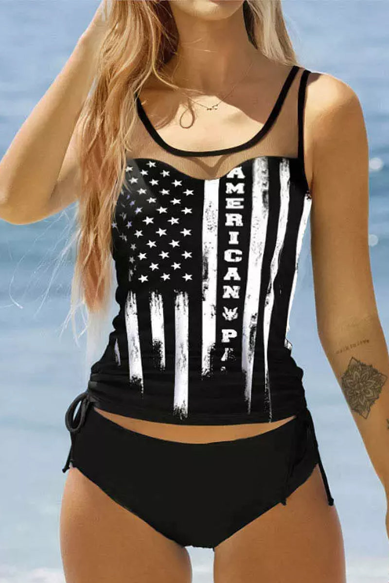 American Flag Drawstring Mesh Splicing Two Pieces Swimsuit