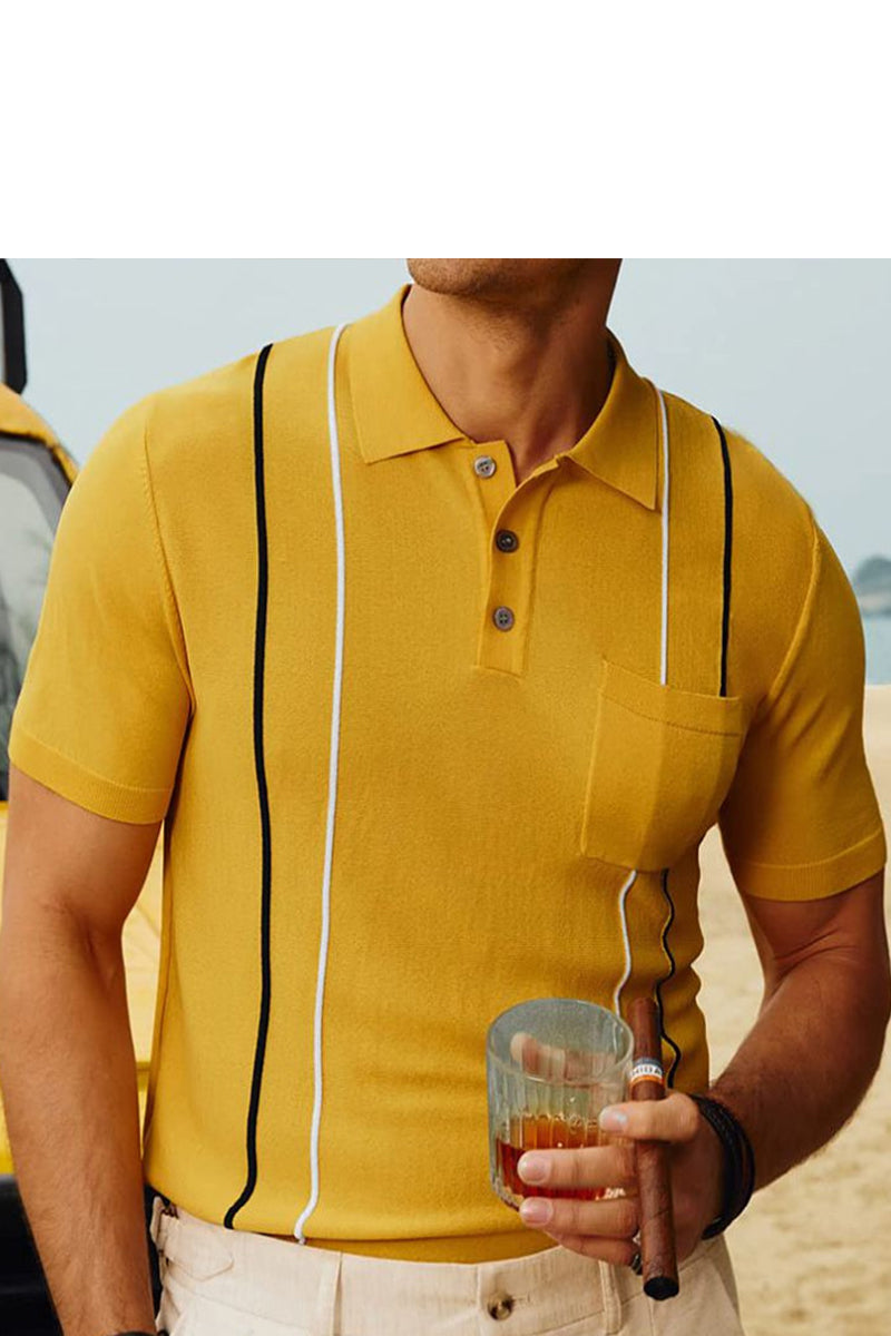 Men's Summer Striped Pocket Knit Short Sleeve Polo Shirt