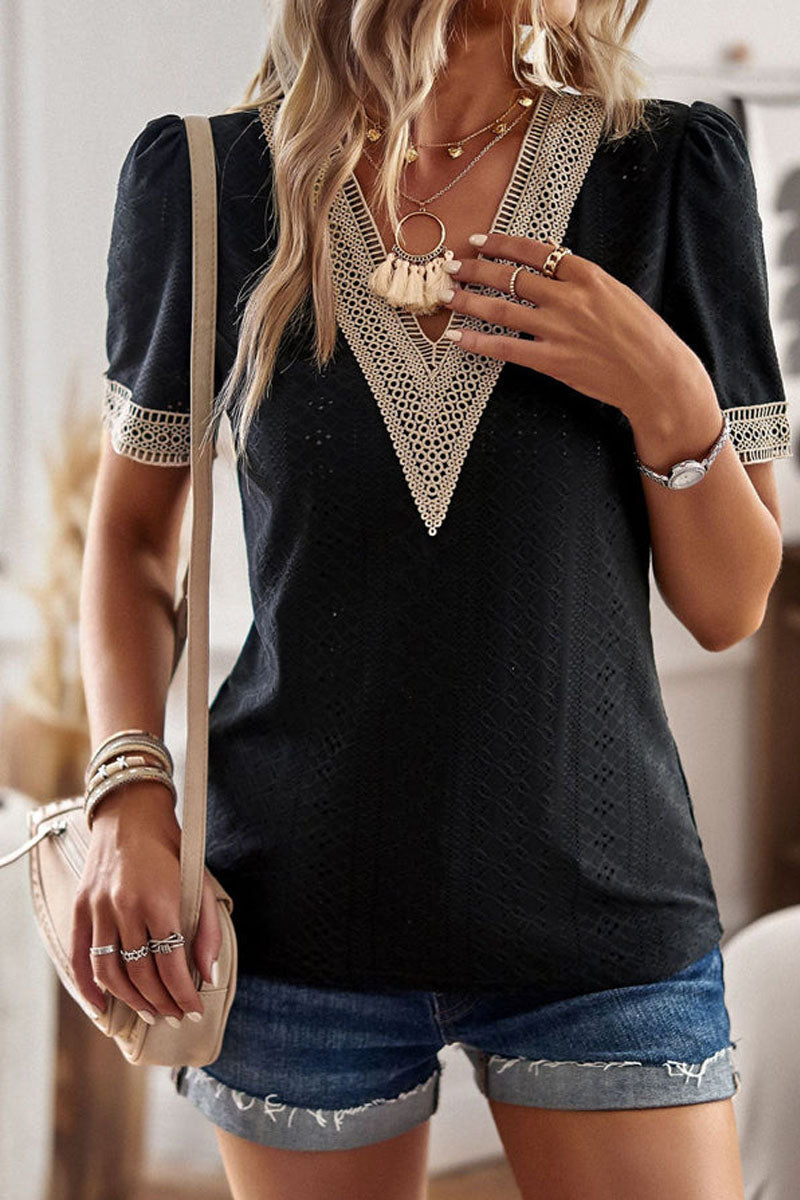 V Neck Patchwork Short Sleeve Casual T-Shirt