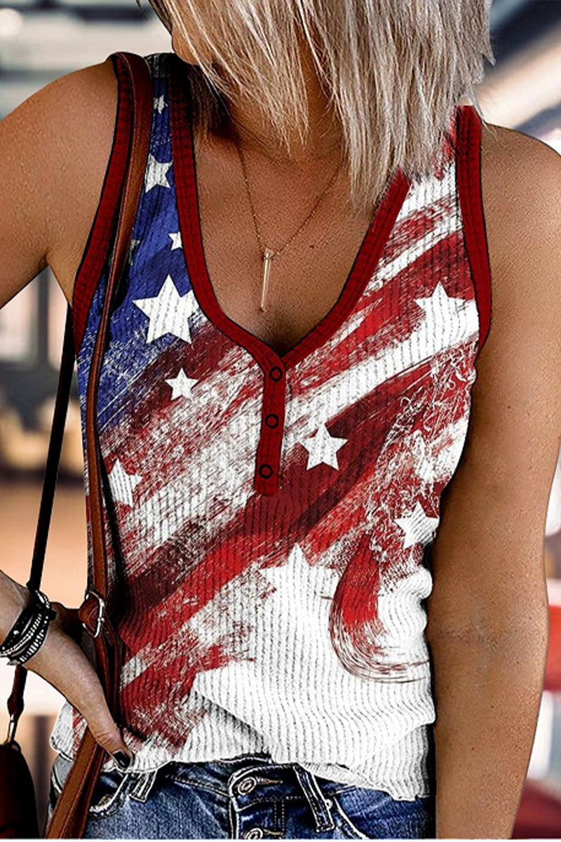 Flag Print Button Notched Neck Tank