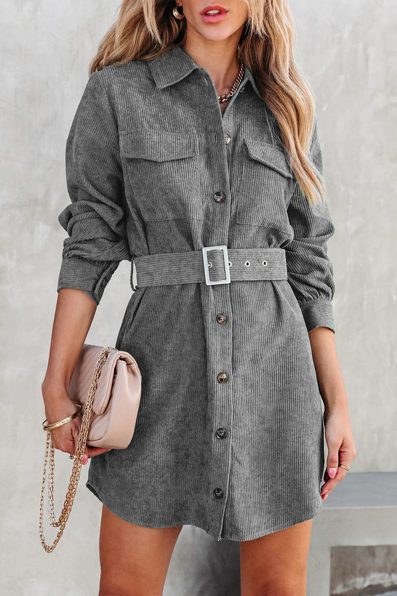 Corduroy Belted Button Down Shirt Dress