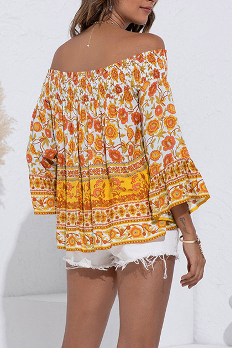 Off Shoulder Tassel Design Floral Print Top