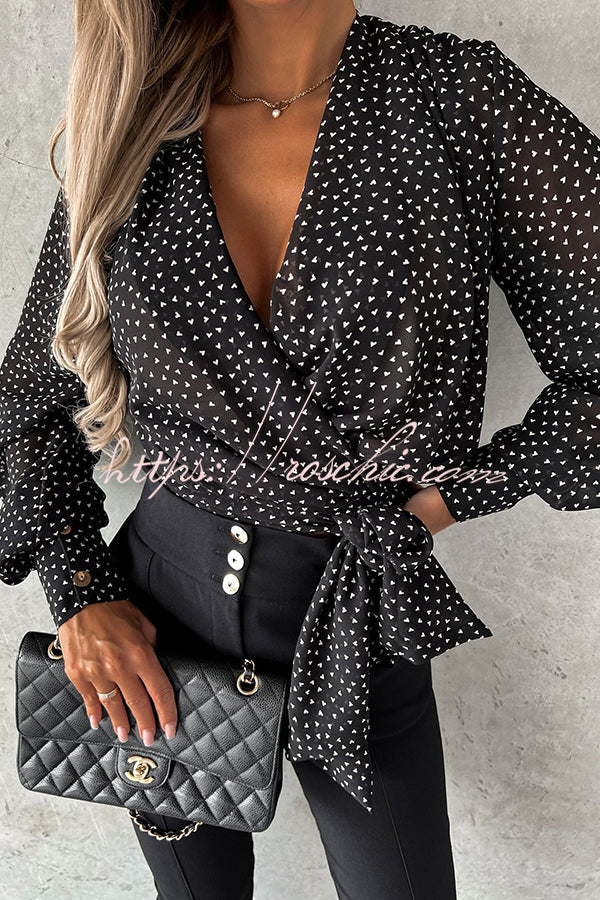 Unique Printed V Neck Strappy Pleated Shirt