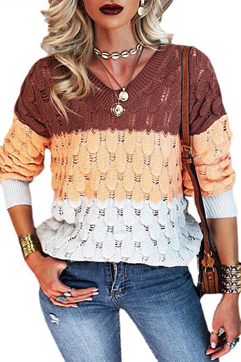 V-Neck Patchwork Casual Sweater