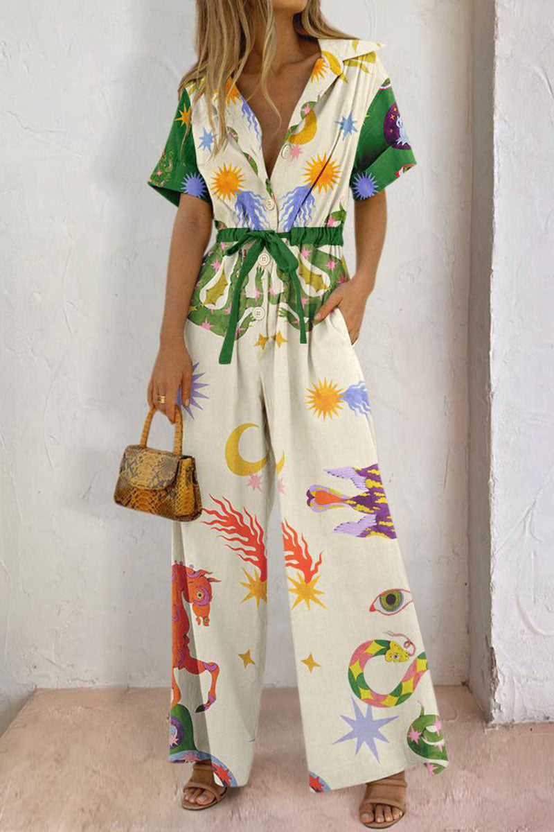 Linen blend abstract print adjustable waist pockets wide-leg shirt jumpsuit