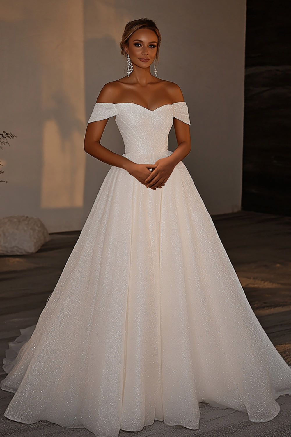 Sparkly Ivory A Line Tulle Off the Shoulder Pleated Wedding Dress