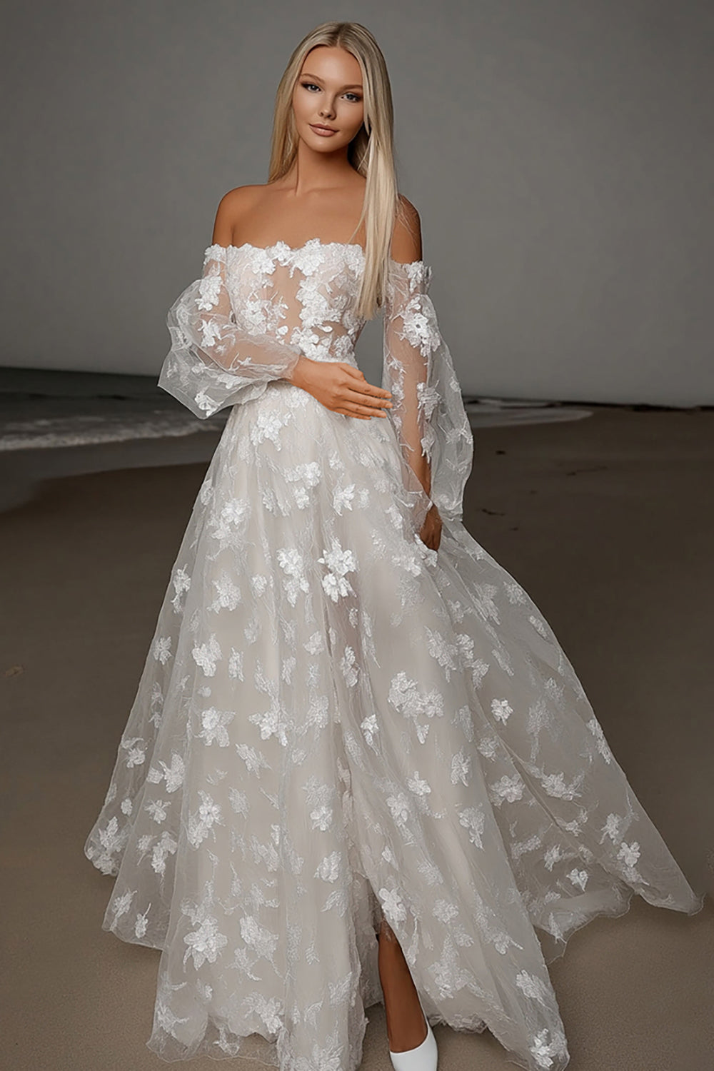 Lace Ivory A Line Appliques Off the Shoulder Weddinng Dress with Slit