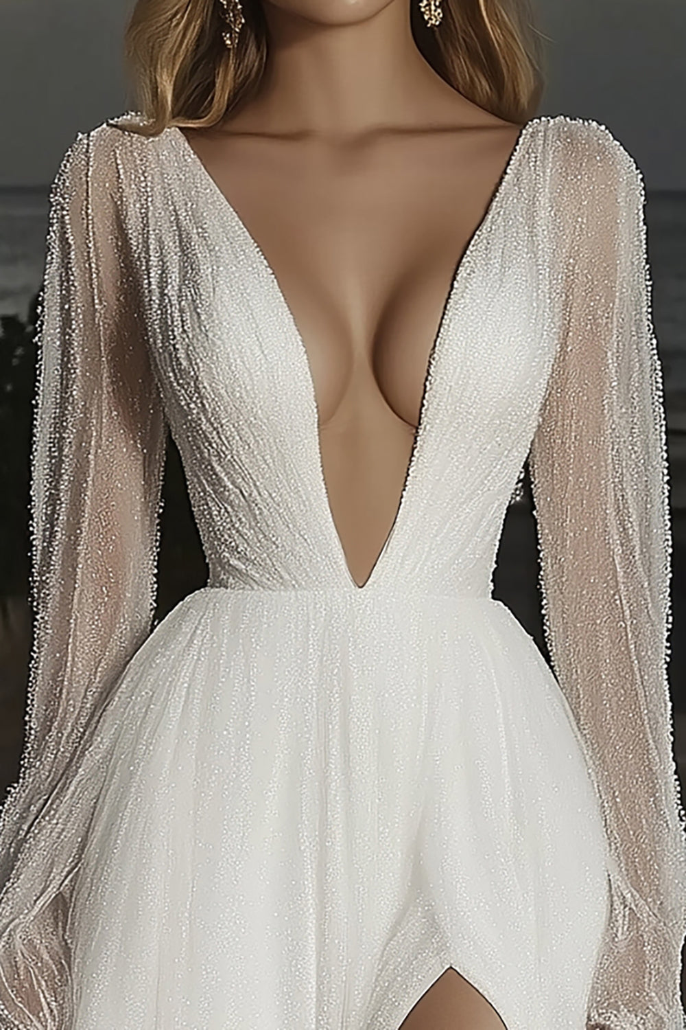 Elegant Ivory Deep V-neck A-Line Applique Tulle Long Wedding Dress with Slit