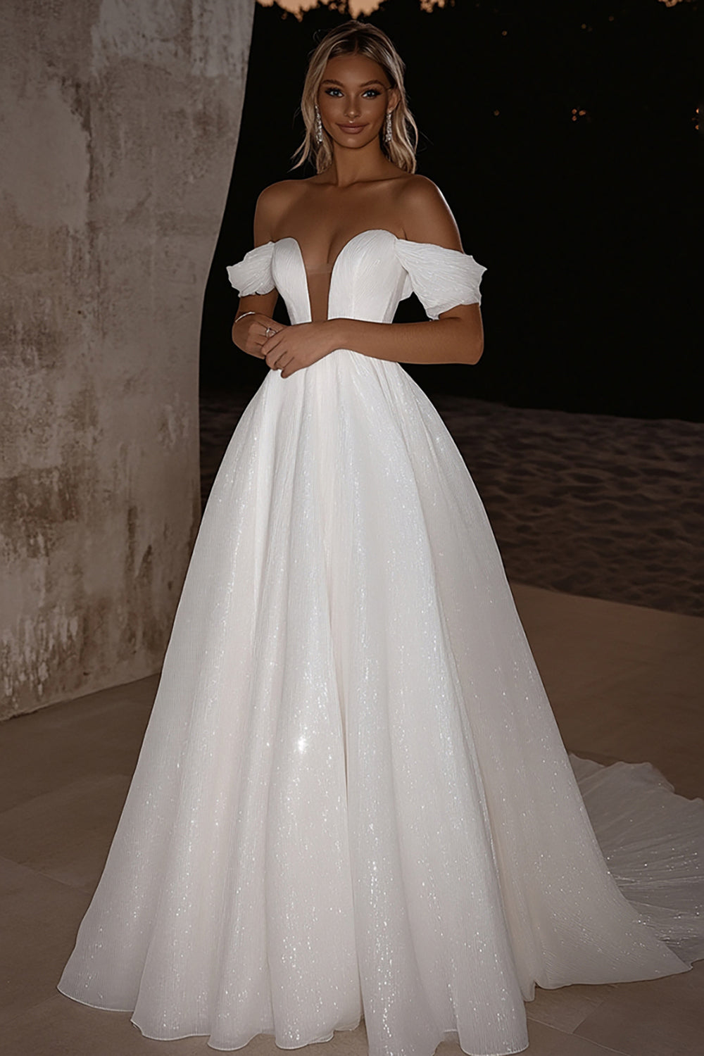 Elegant Glitter Ivory Off the Shoulder A-Line Long Wedding Dress