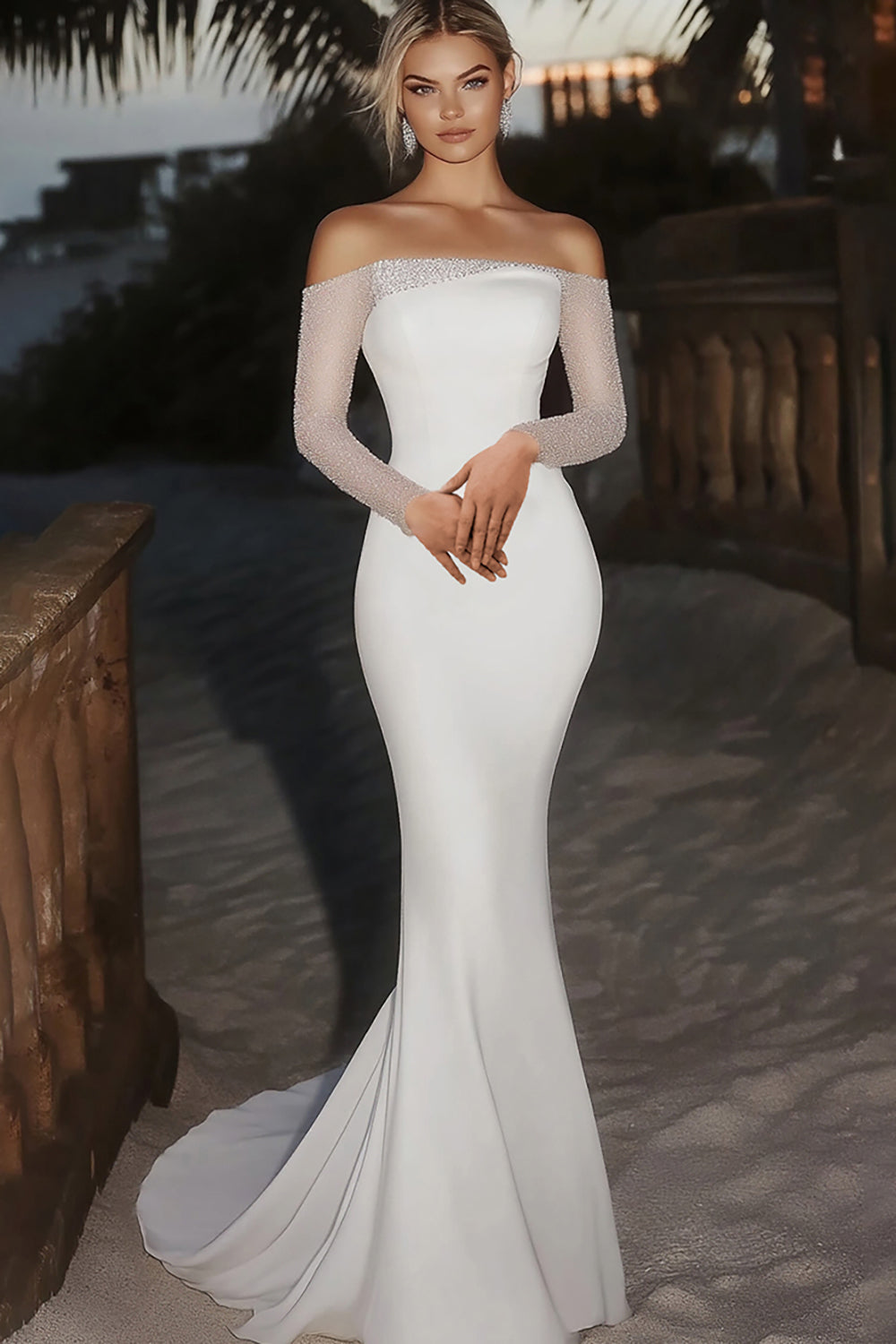 Elegant Ivory Off the Shoulder Beaded Mermaid Long Wedding Dress with Long Sleeves