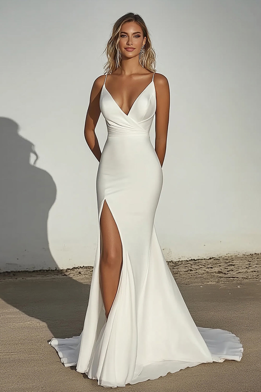 Elegant Ivory Off the Shoulder Satin Mermaid Ruched Long Wedding Dress with Slit