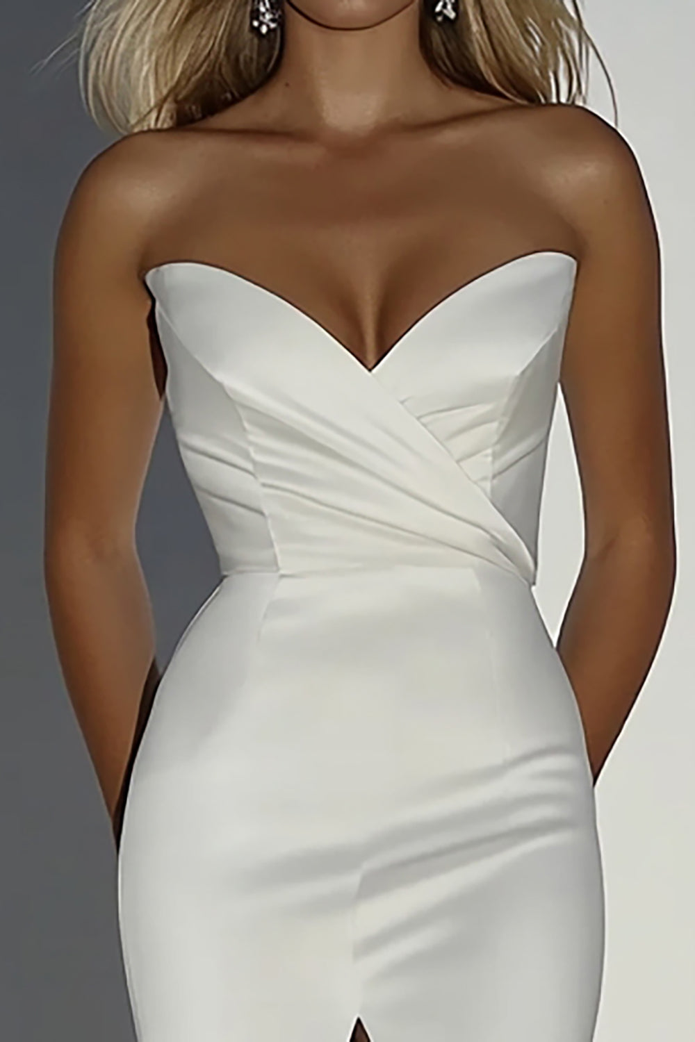 Elegant Ivory Satin Sweetheart Sheath Beaded Long Wedding Dress with Slit