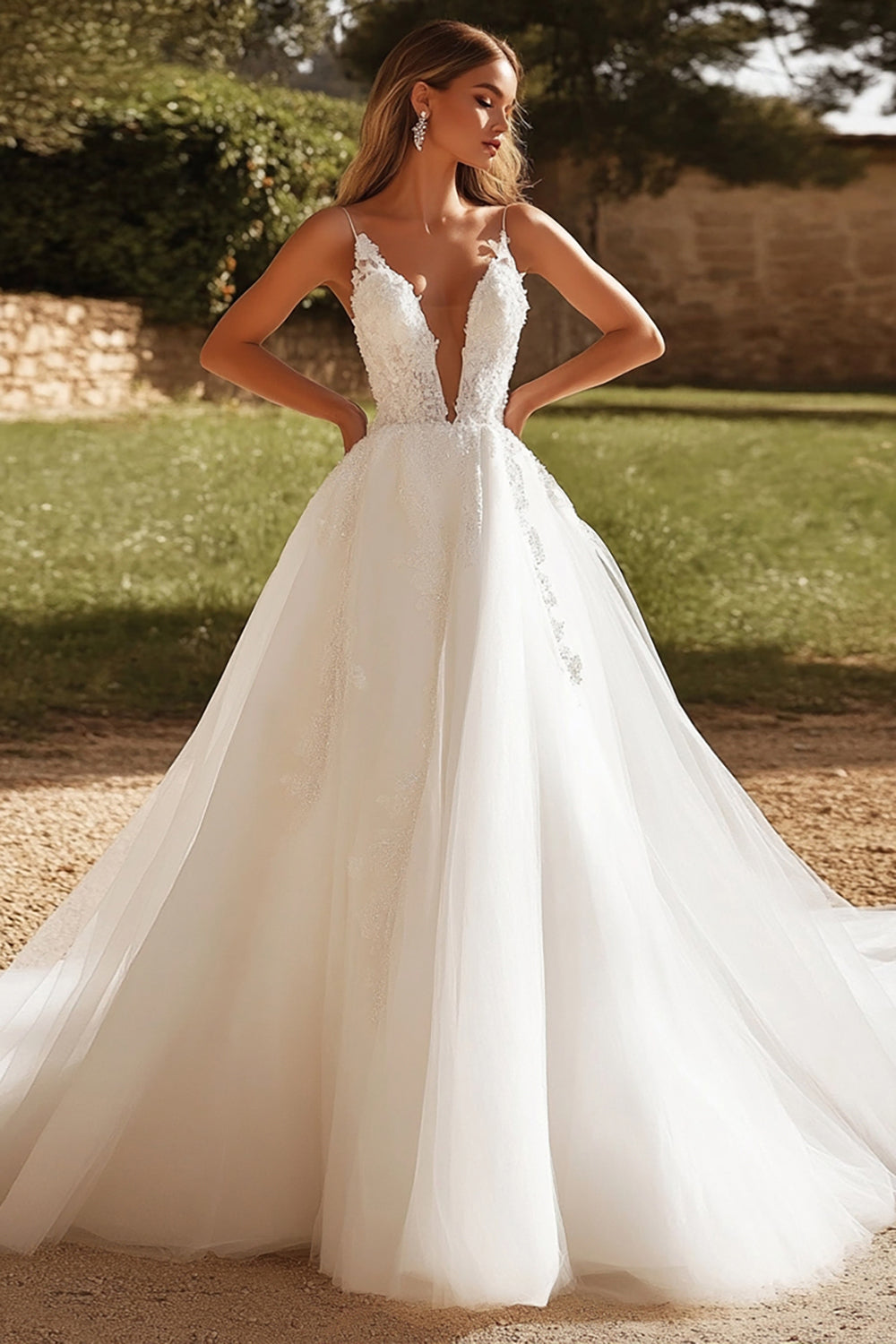 Charming Ivory A Line Tulle Wedding Dress with Lace Appliques