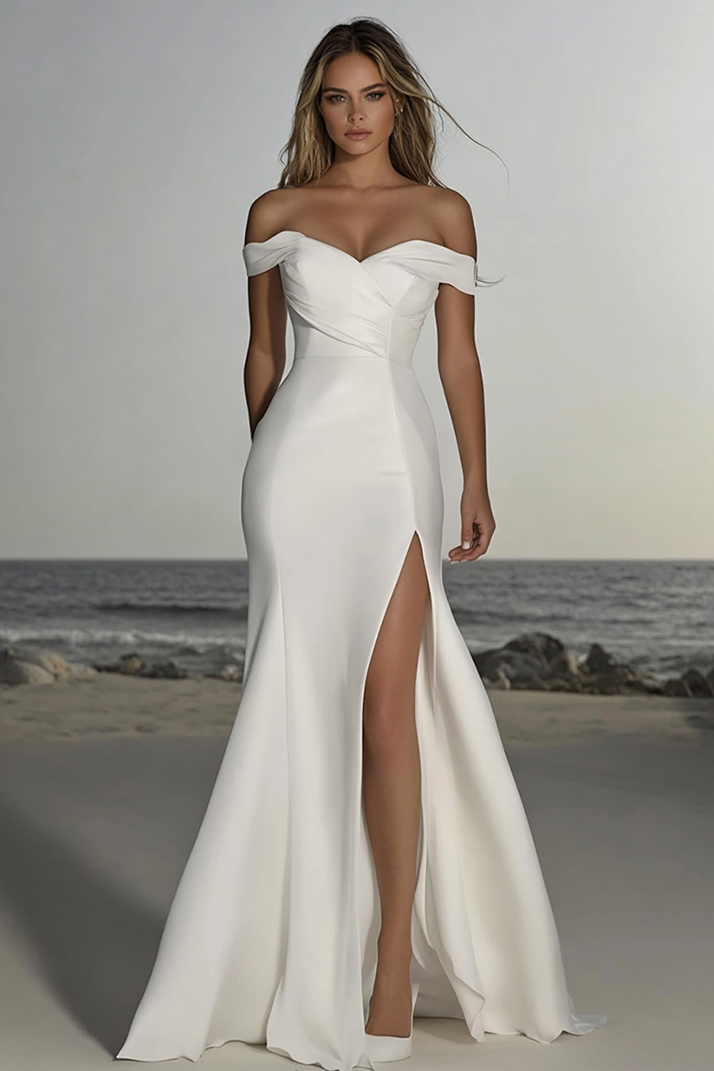 Satin Ruched Off the Shoulder Mermaid Ivory Wedding Dress with Slit