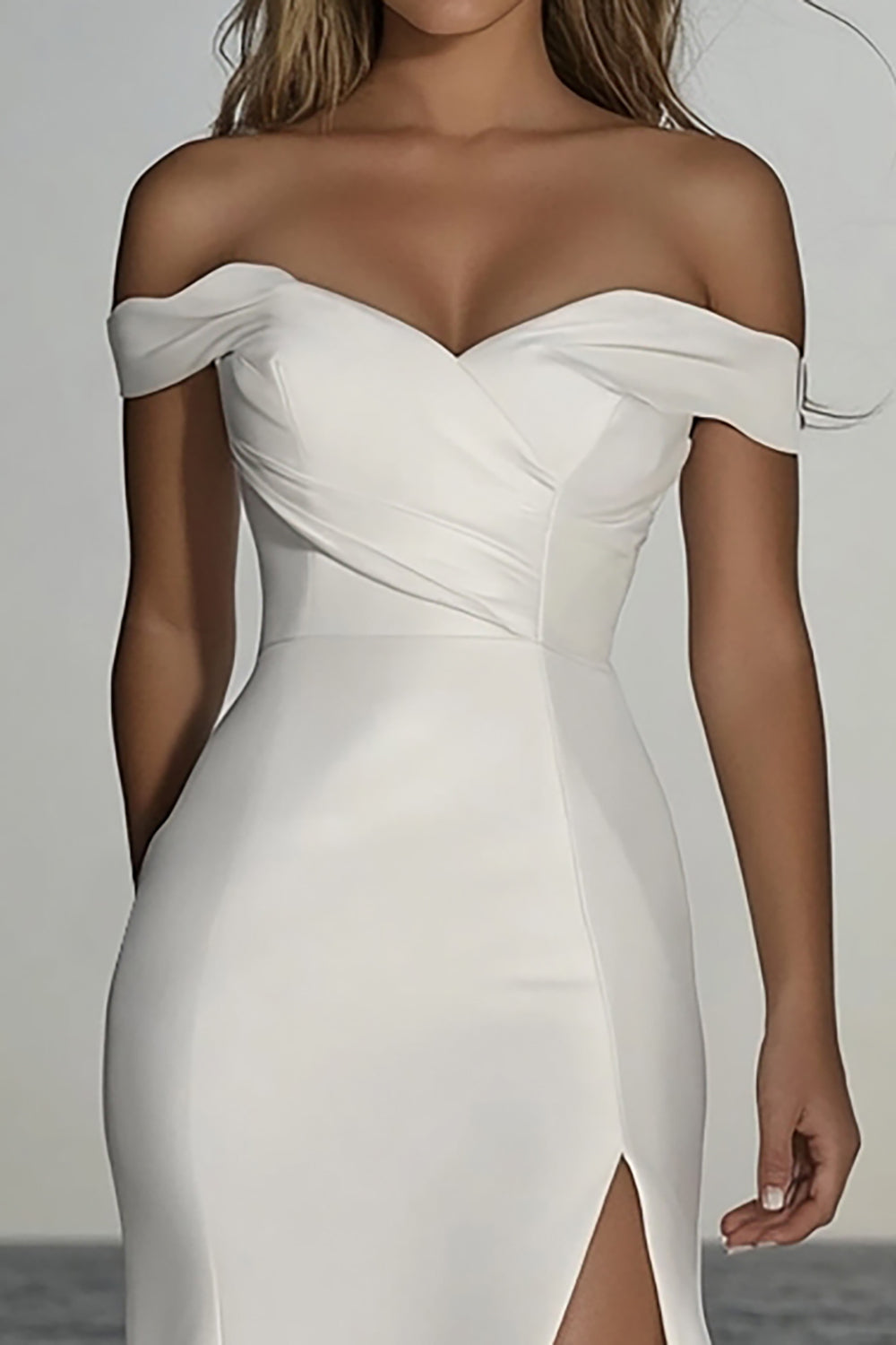 Satin Ruched Off the Shoulder Mermaid Ivory Wedding Dress with Slit