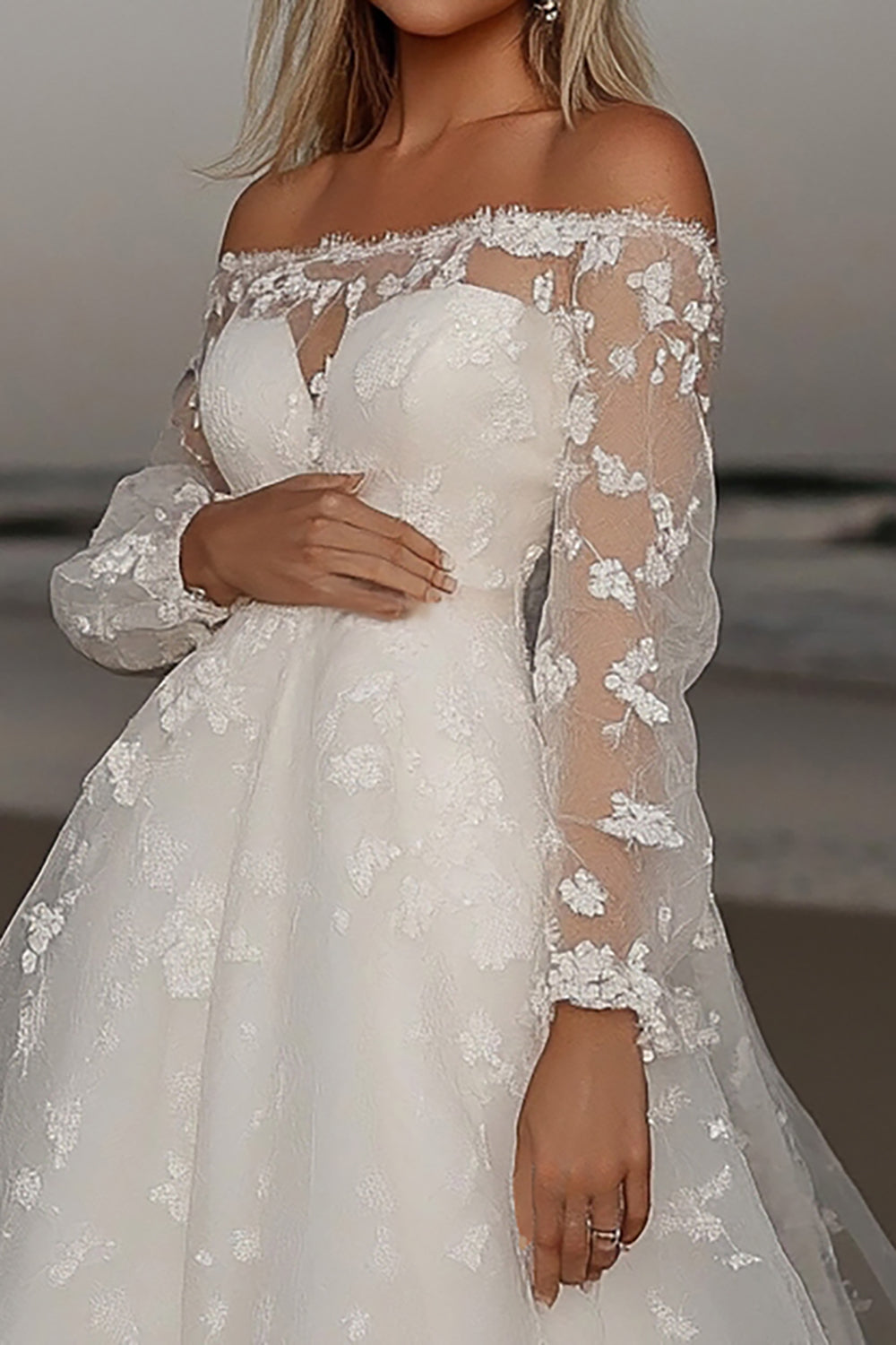 Elegant Ivory Lace A Line Off the Shoulder Wedding Dress with Long Sleeves