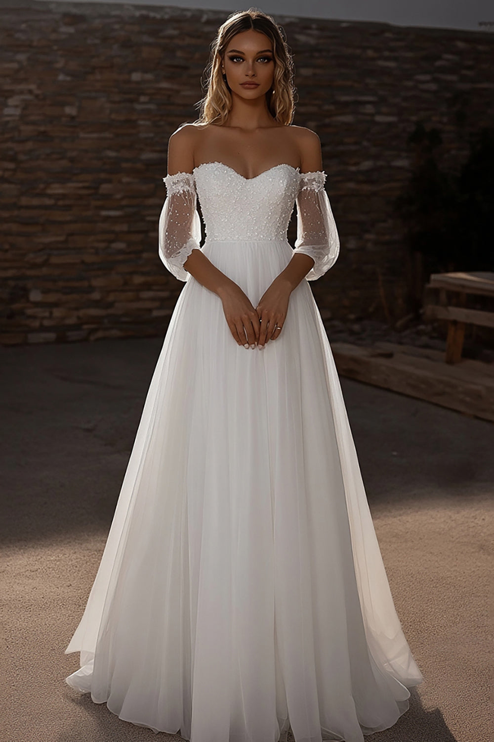 Sweetheart A Line Tulle Half Illusion Sleeve Ivory Wedding Dress