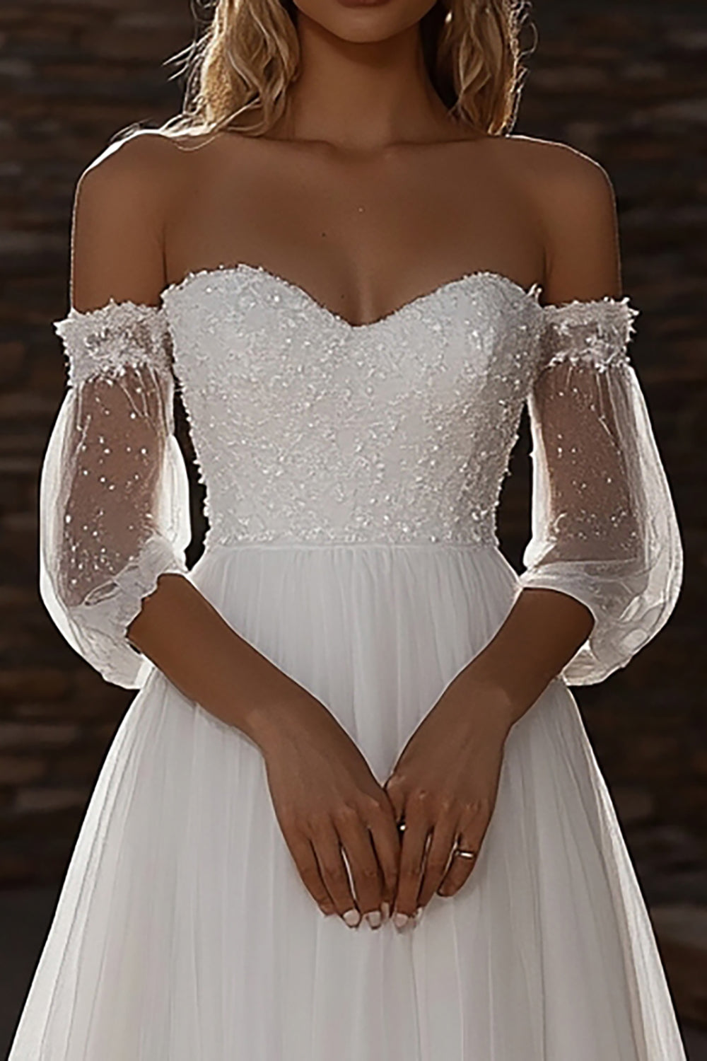 Sweetheart A Line Tulle Half Illusion Sleeve Ivory Wedding Dress