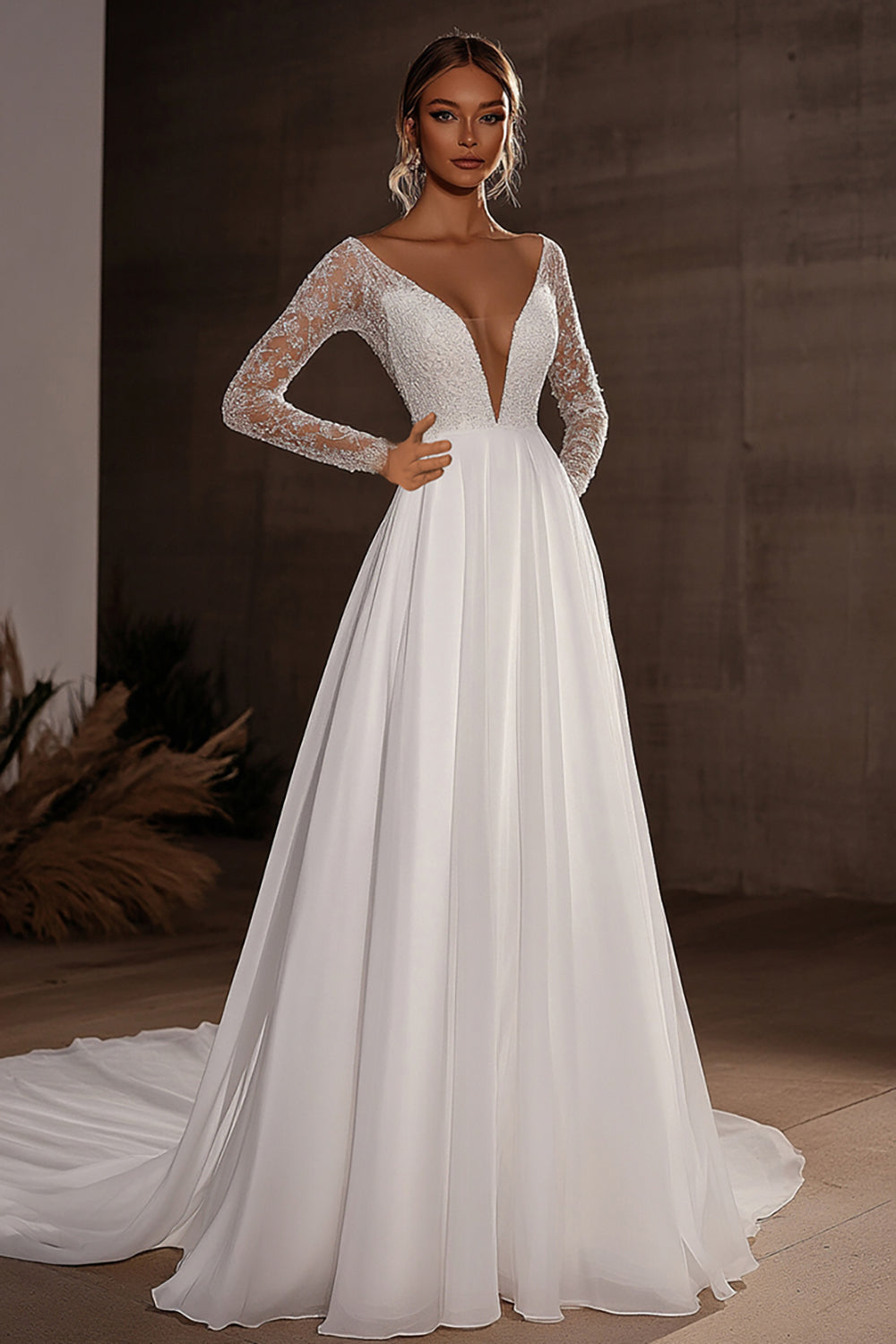 Ivory V Neck Lace Long Sleeve Tulle A Line Wedding Dress with Train