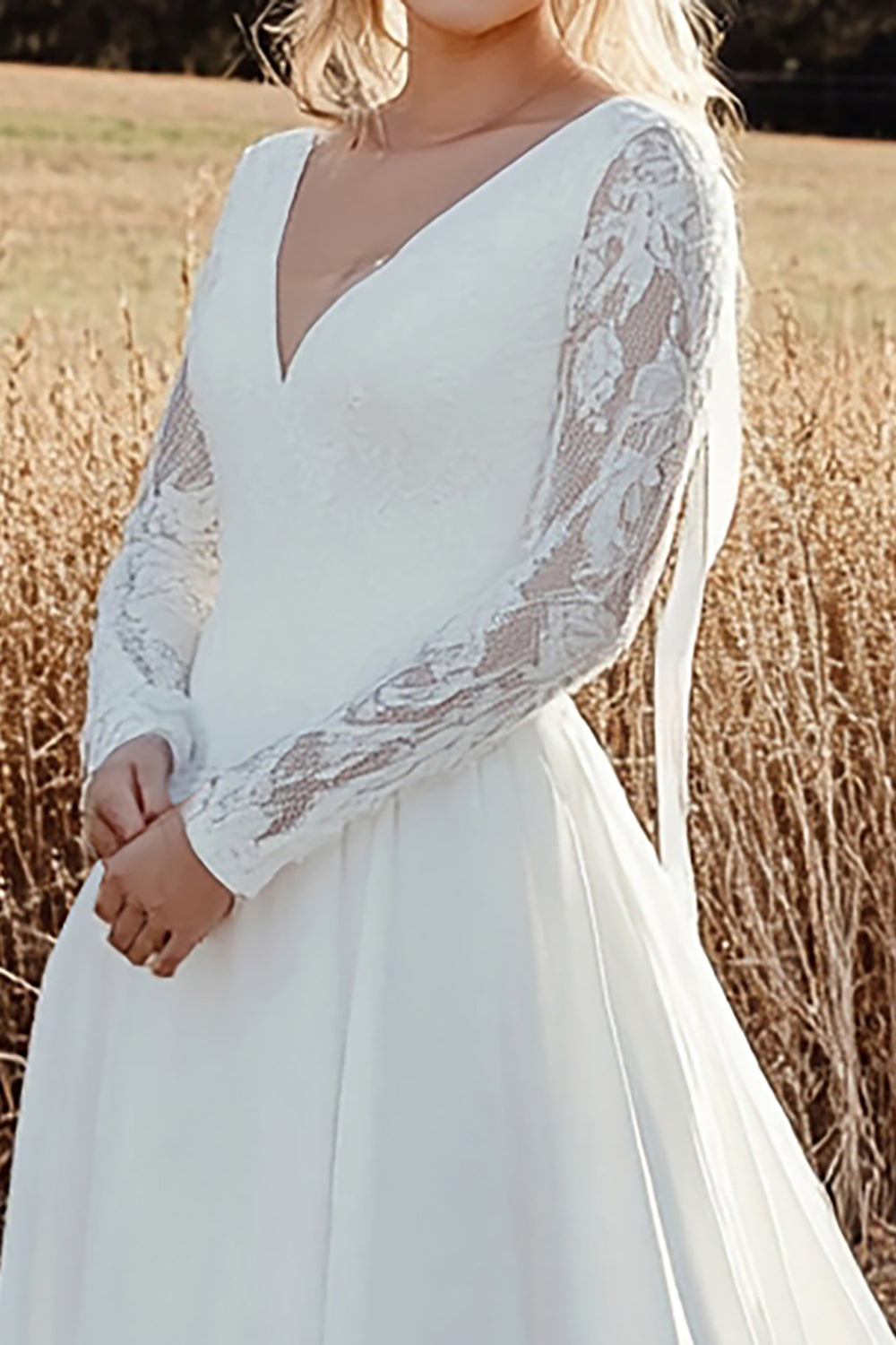 Timeless A Line V Neck Lace Long Sleeve Ivory Wedding Dress