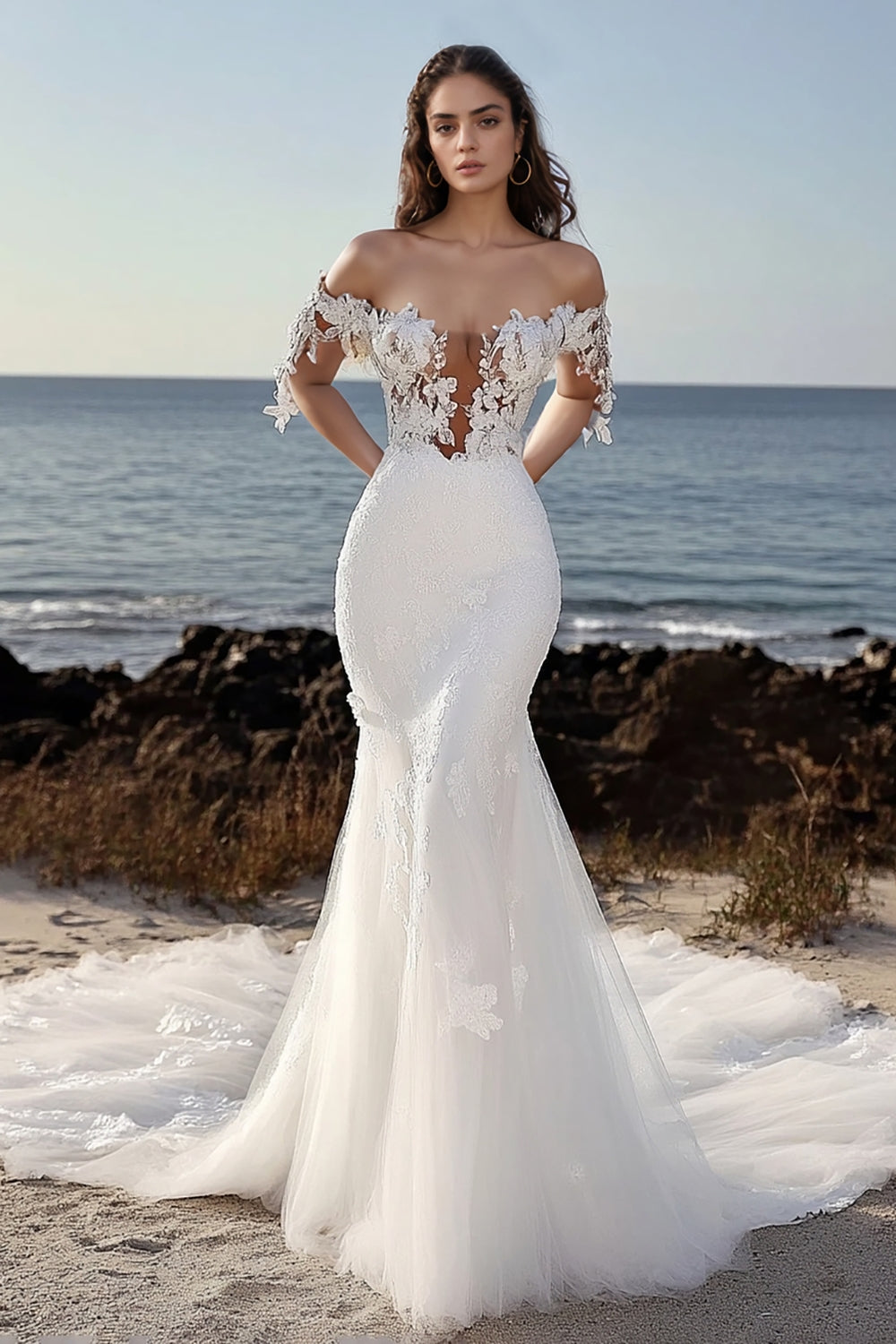 Romantic Ivory Lace Applique Off the Shoulder Tulle Mermaid Wedding Dress with Court Train