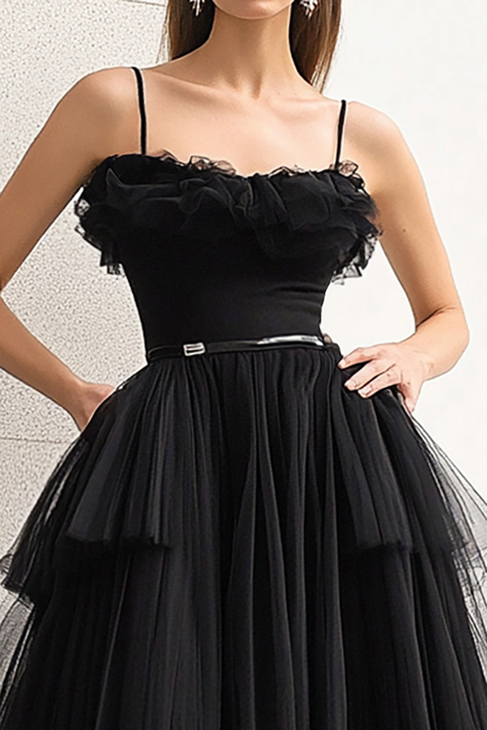 Black A Line Spaghetti Straps Ruffles Tulle Long Prom Dress