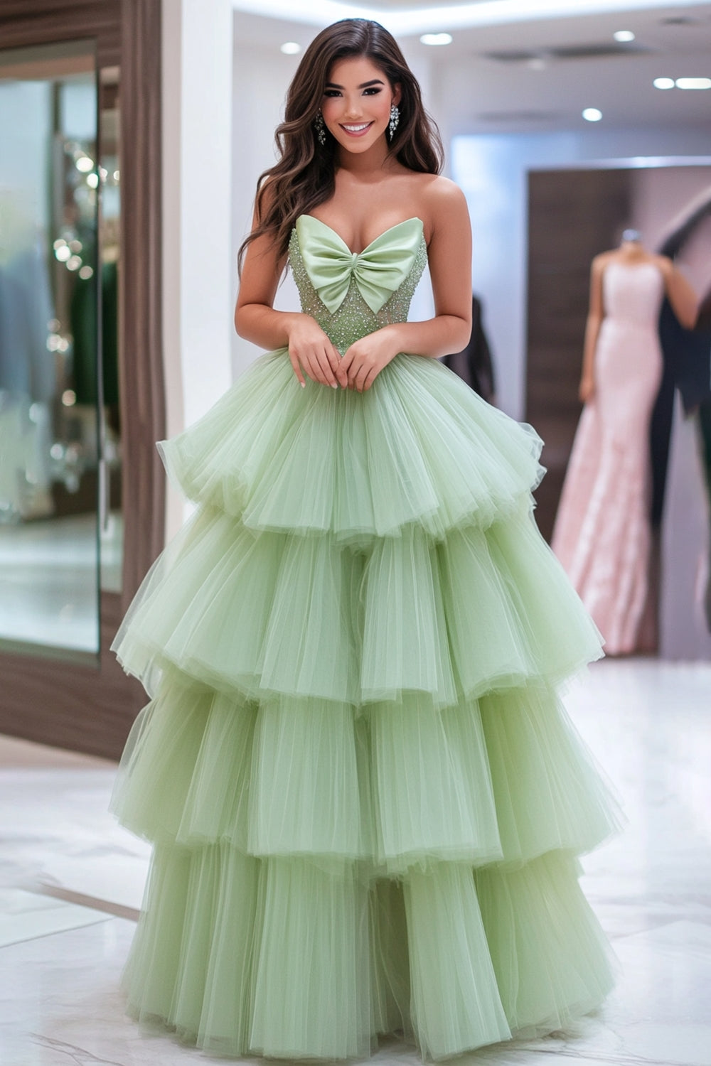 Dusty Sage A Line Tiered Sweetheat Sleeveless Tulle Long Prom Dress