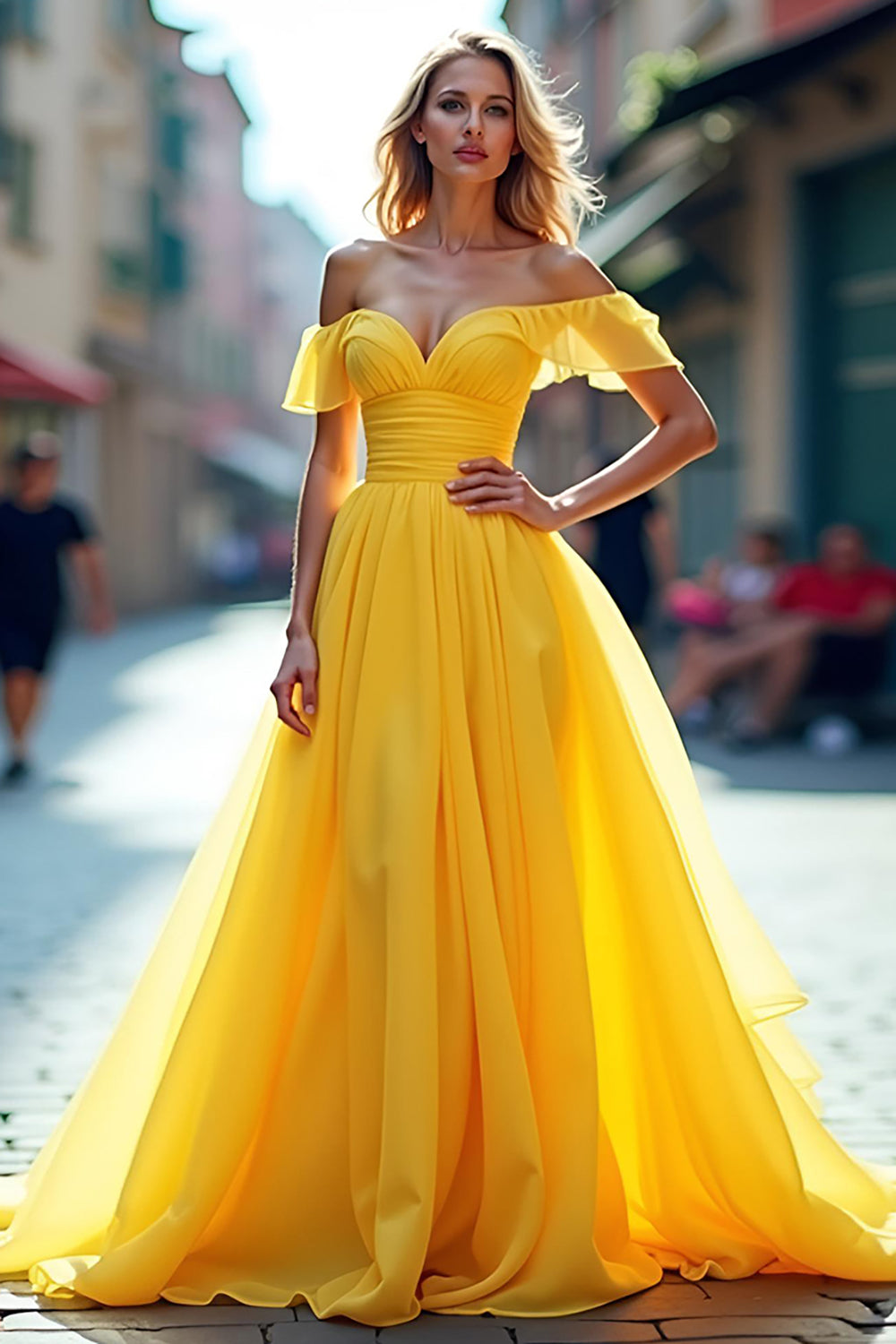 Chiffon Long A Line Yellow Off The Shoulder Prom Dress