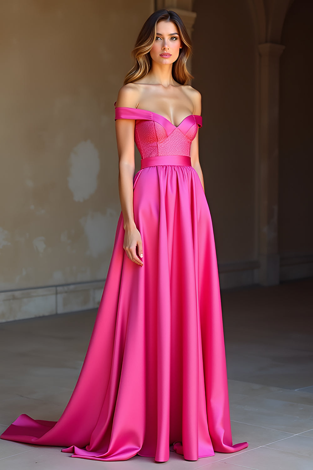 Satin Off The Shoulder A Line Simple Fuchsia Prom Dress