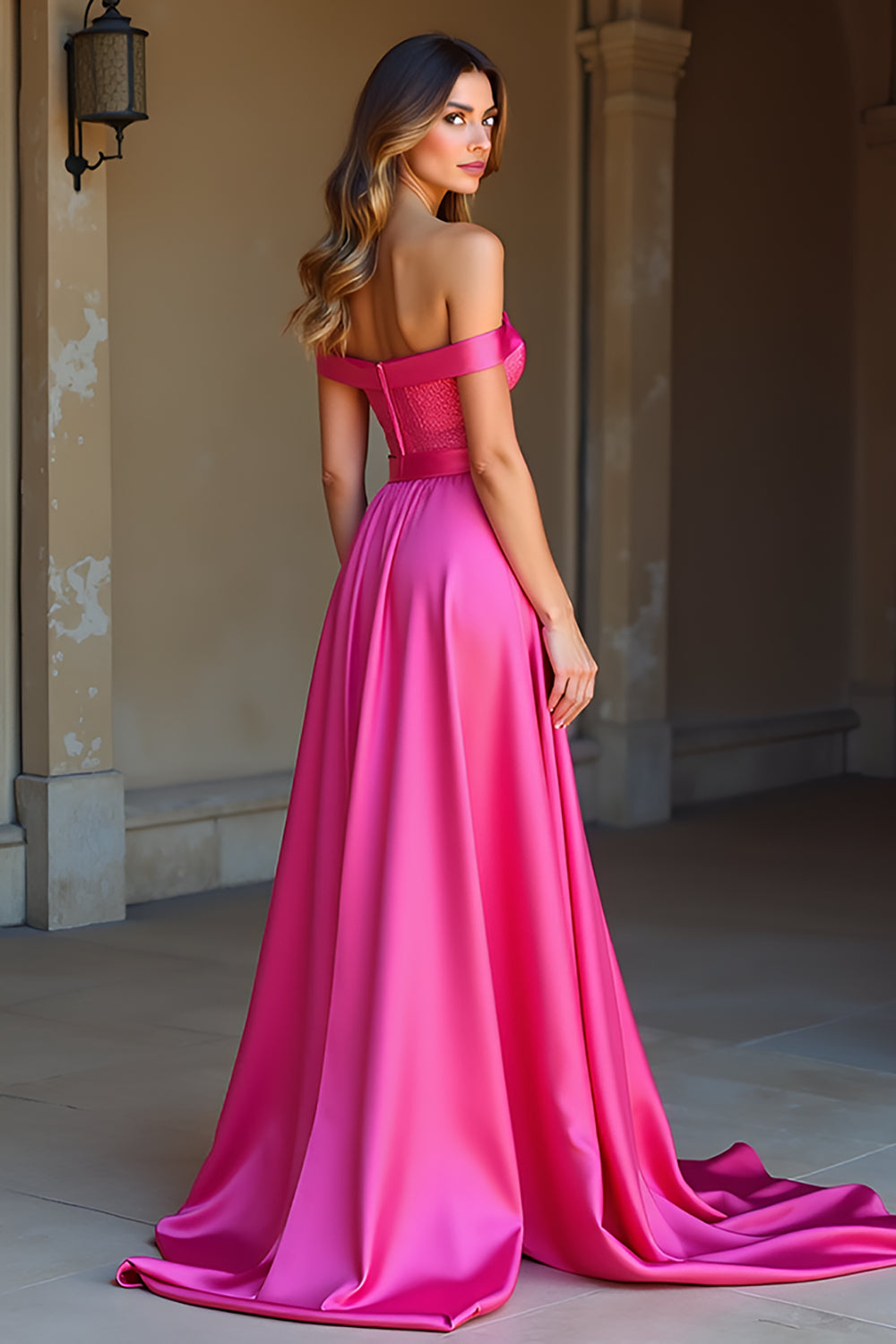 Satin Off The Shoulder A Line Simple Fuchsia Prom Dress