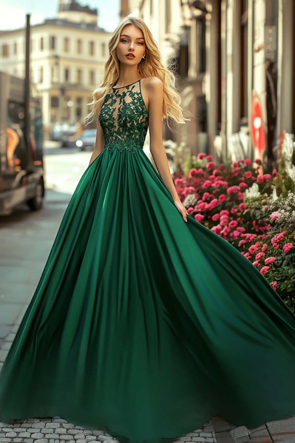 Dark Green Satin A Line Appliqued Long Prom Dress