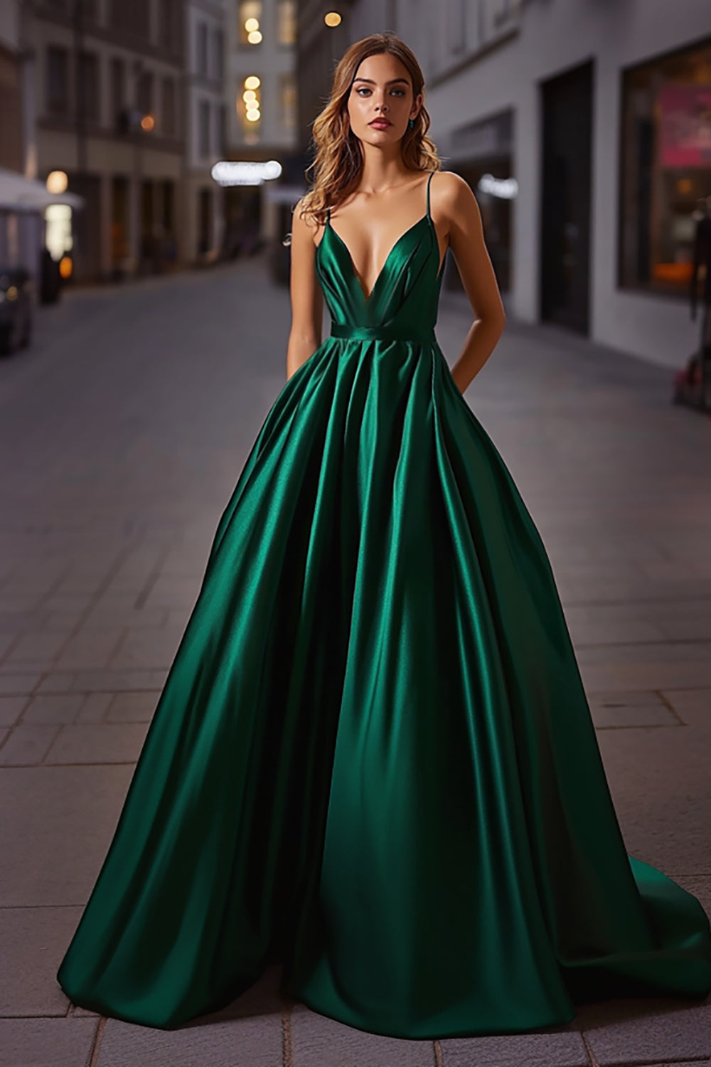 Elegant Satin Dark Green A Line Spaghetti Straps Long Prom Dress